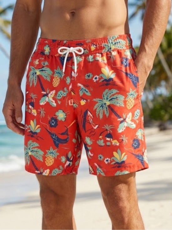 Polo Ralph Lauren Other - Polo Ralph Lauren Men Red Tropical Hawaiian Print Swim Trunks Drawstring M
E